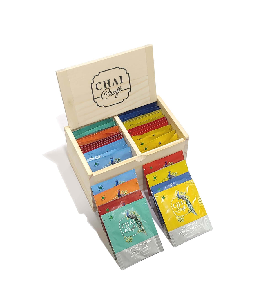 Wooden Tea Gift Box 6 Assortment of 30 Teabags -Chamomile Tea-Assam Tea-Kashmiri Kahwa-Masala Chai-Earl Grey-Pure Green Tea